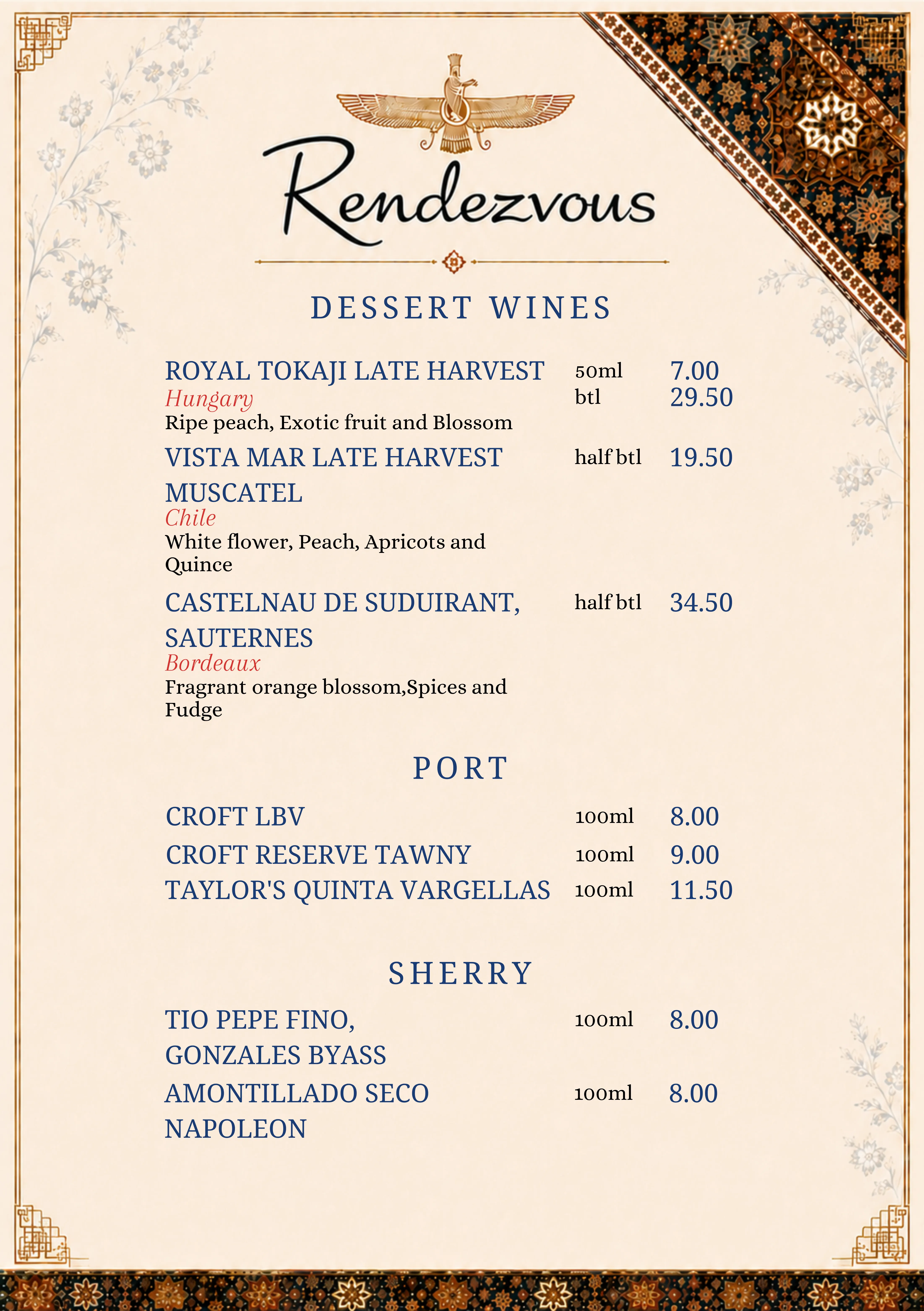 Dessert wines menu