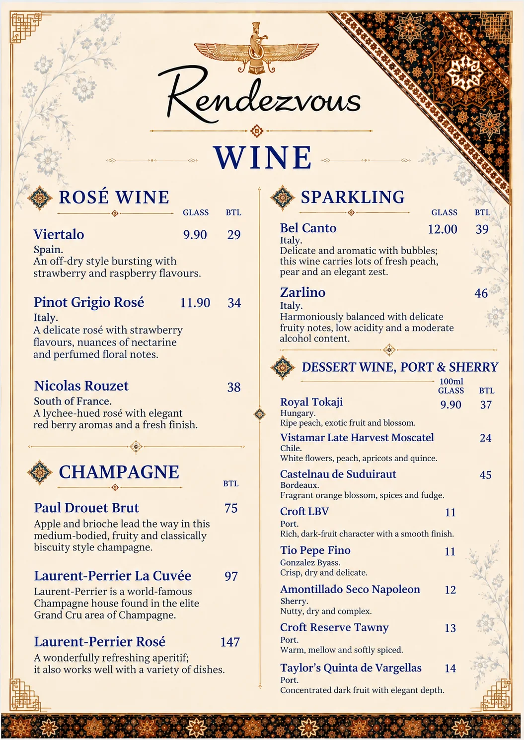 Drinks menu page 2: Rosé, Champagne, Sparkling & Dessert Wines