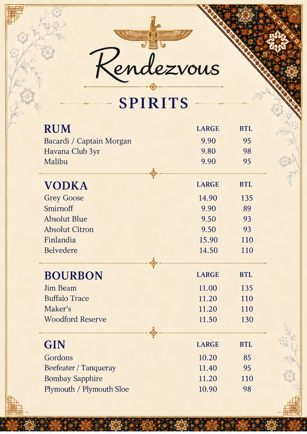 Drinks menu page 3: Spirits