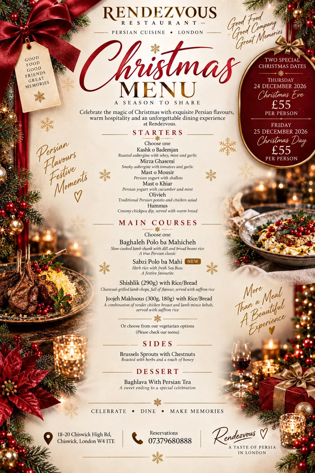 Christmas menu for 24 and 25 December 2026, £55 per person